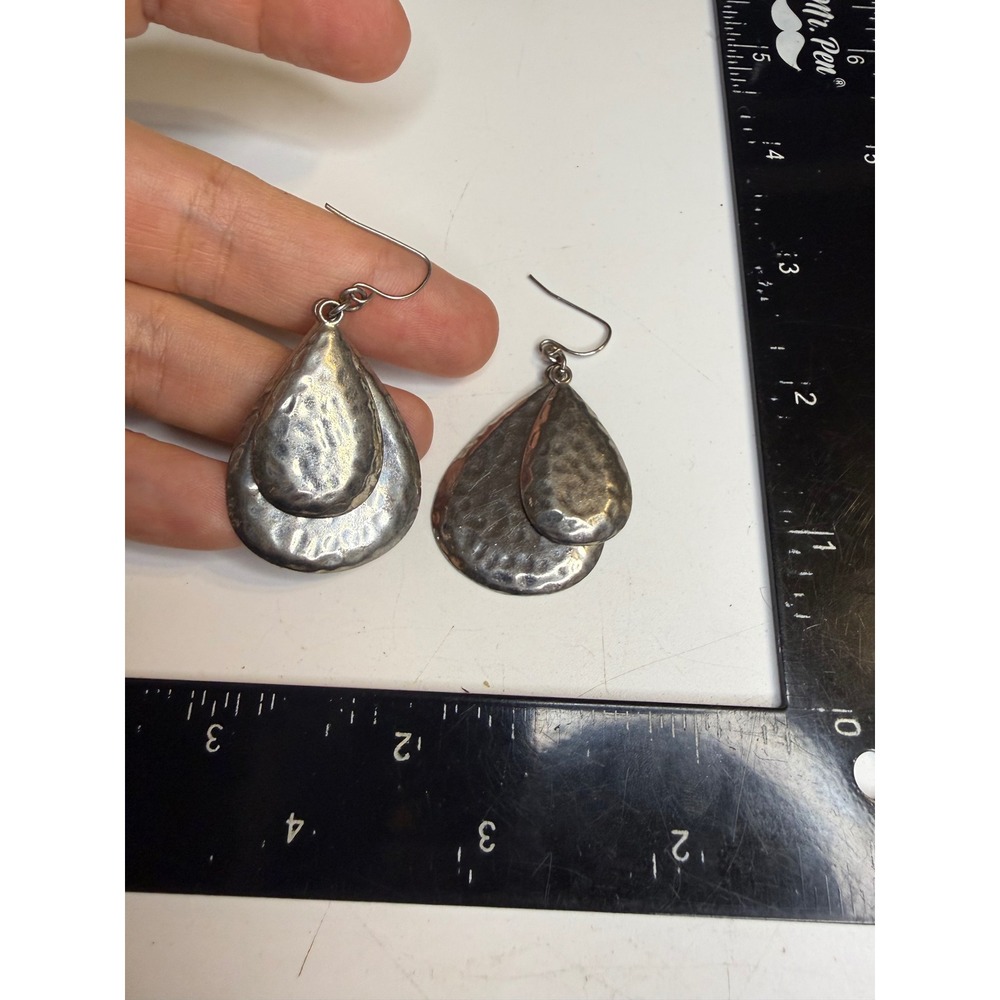 Silver Tone Hammered Double Teardrop Dangle Earrings Artisan Boho Fishhook